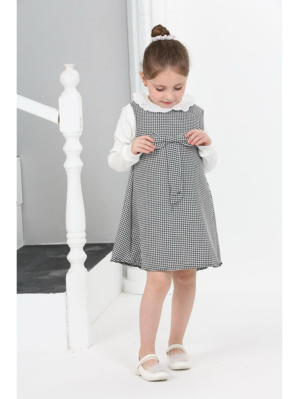 Siyah Kız Çocuk Kazayağı Desenli Şanel Kumaş 2'li Elbise (Elbise+Bady Bluz)12176-4
