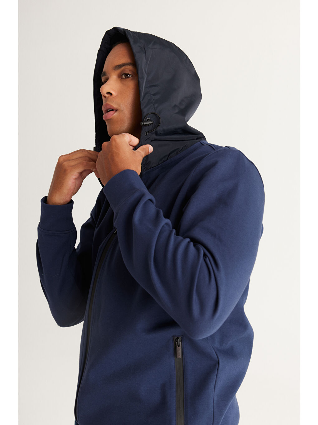 Lacivert Standart Fit Normal Kesim Kapüşonlu Erkek Fermuarlı Sweatshirt Hırka-3