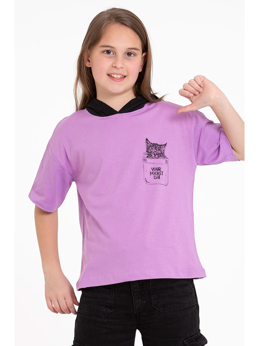 Kapüşonlu Kısa Kol Baskılı Lila Renk Kız Çocuk Tshirt-2