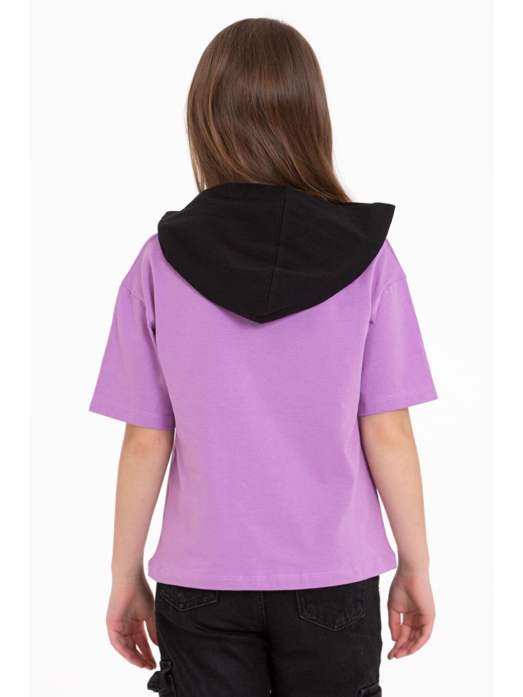 Kapüşonlu Kısa Kol Baskılı Lila Renk Kız Çocuk Tshirt-3