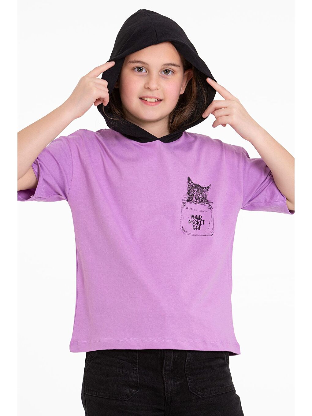 Kapüşonlu Kısa Kol Baskılı Lila Renk Kız Çocuk Tshirt-4