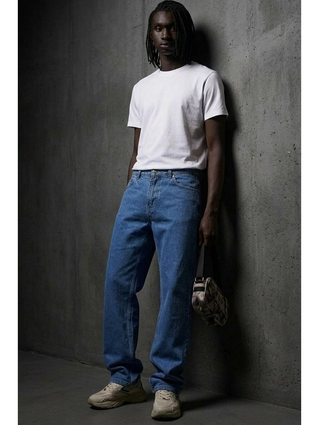 Erkek Pamuklu Casual Mavi Bol Jean Pantolon-3