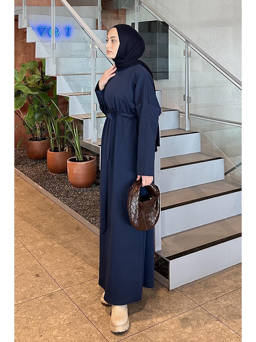 Etek Ucu Armalı Kuşaklı Elbise Lacivert-1