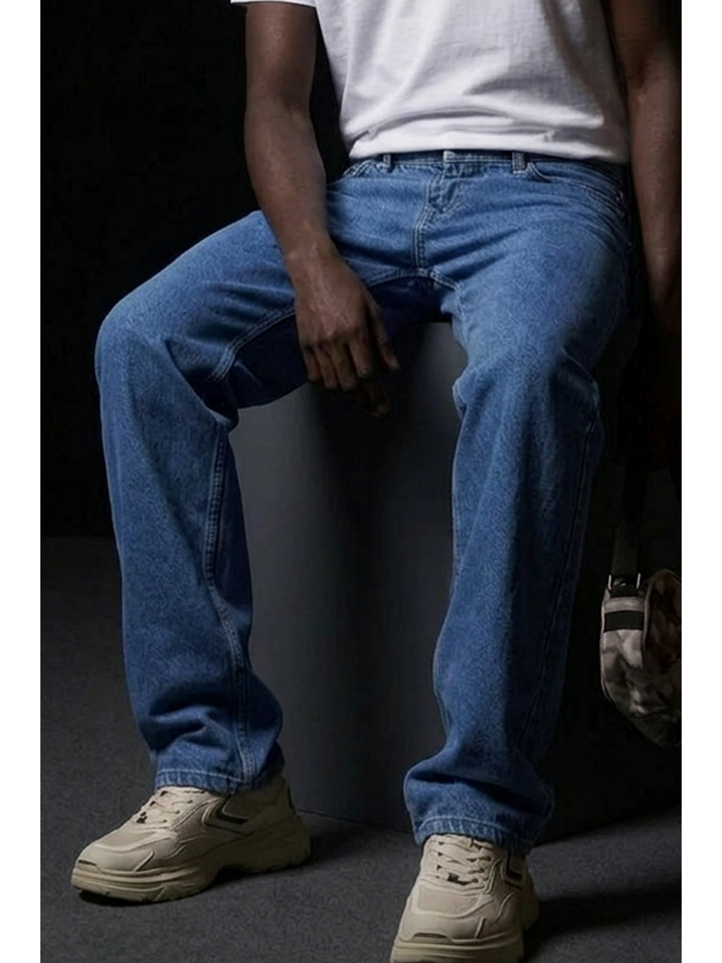 Erkek Pamuklu Casual Mavi Bol Jean Pantolon-5