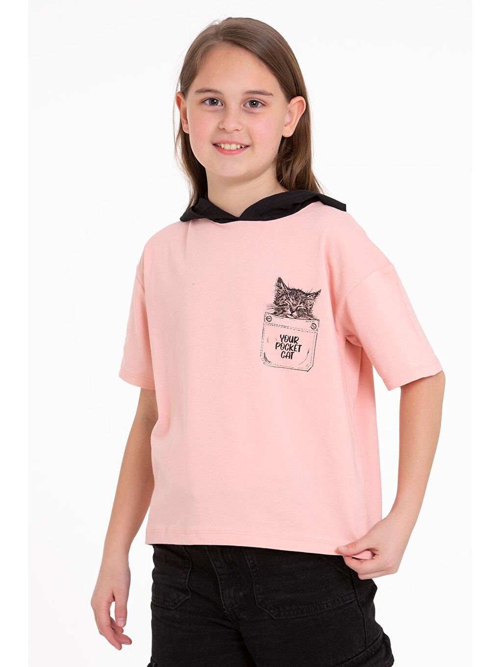 Pembe Kapüşonlu Kısa Kol Baskılı Somon Renk Kız Çocuk Tshirt
