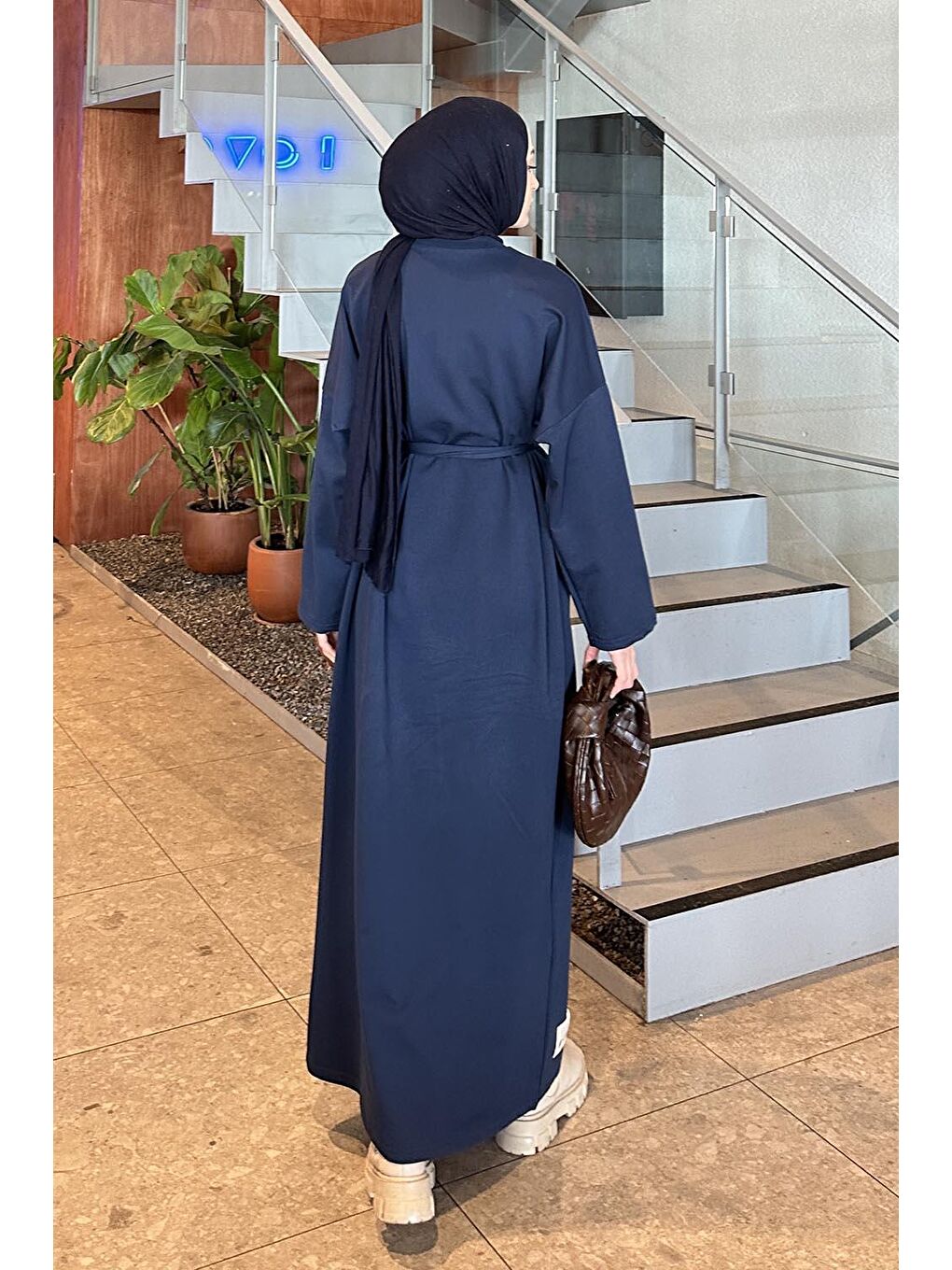 Etek Ucu Armalı Kuşaklı Elbise Lacivert-3