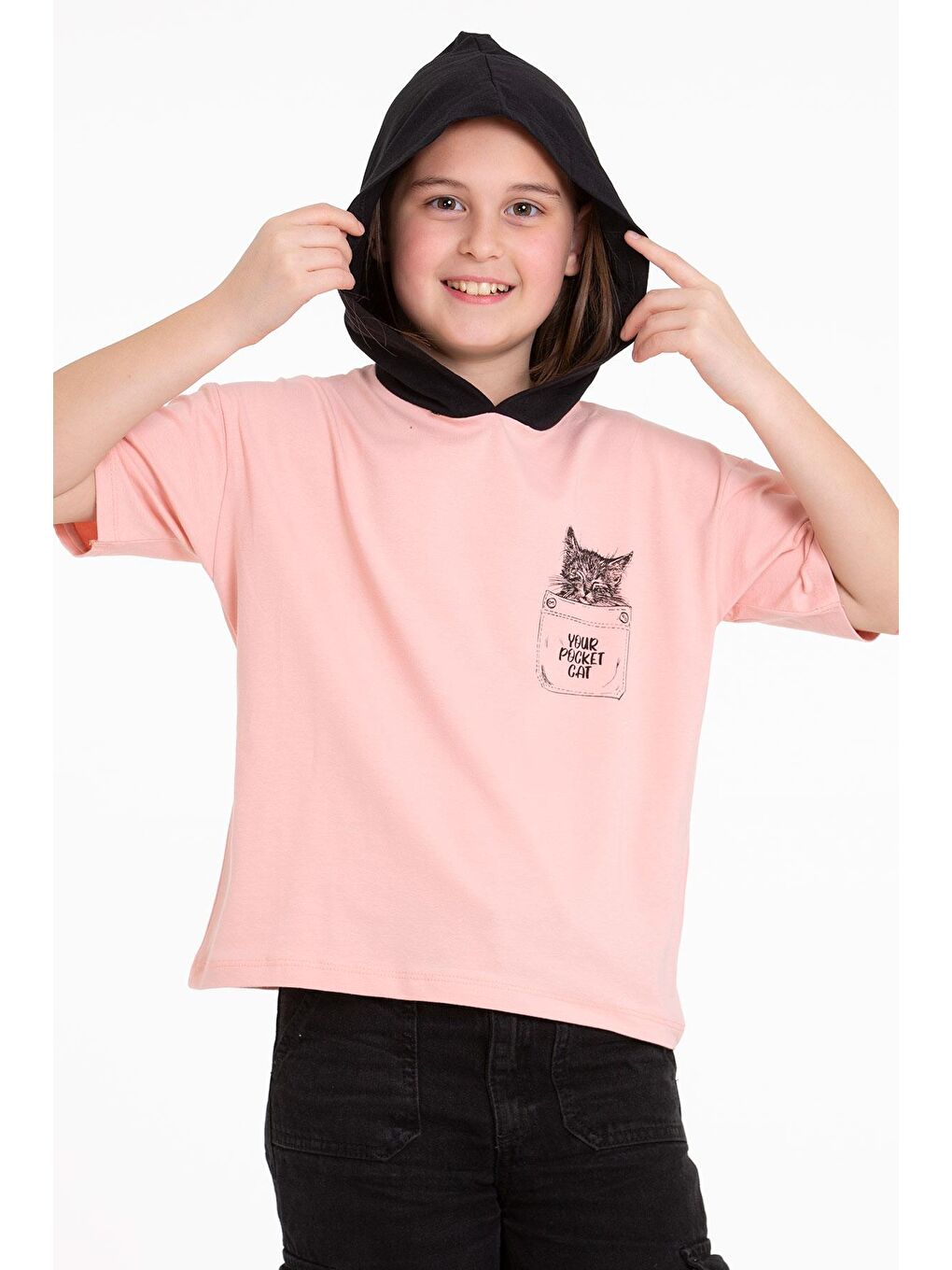 Pembe Kapüşonlu Kısa Kol Baskılı Somon Renk Kız Çocuk Tshirt-1