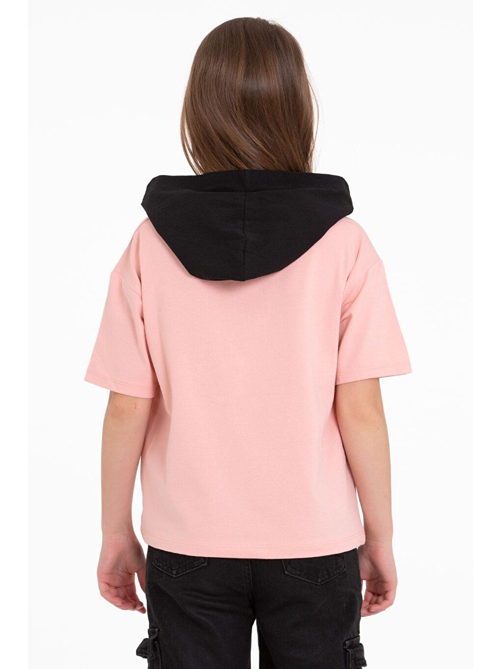 Pembe Kapüşonlu Kısa Kol Baskılı Somon Renk Kız Çocuk Tshirt-2