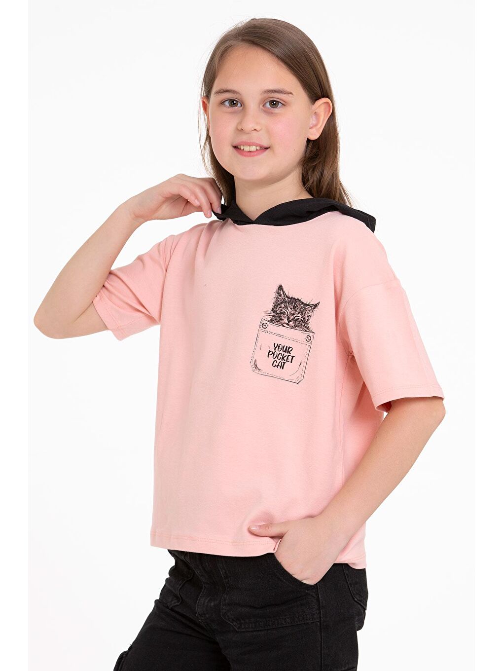 Pembe Kapüşonlu Kısa Kol Baskılı Somon Renk Kız Çocuk Tshirt-3