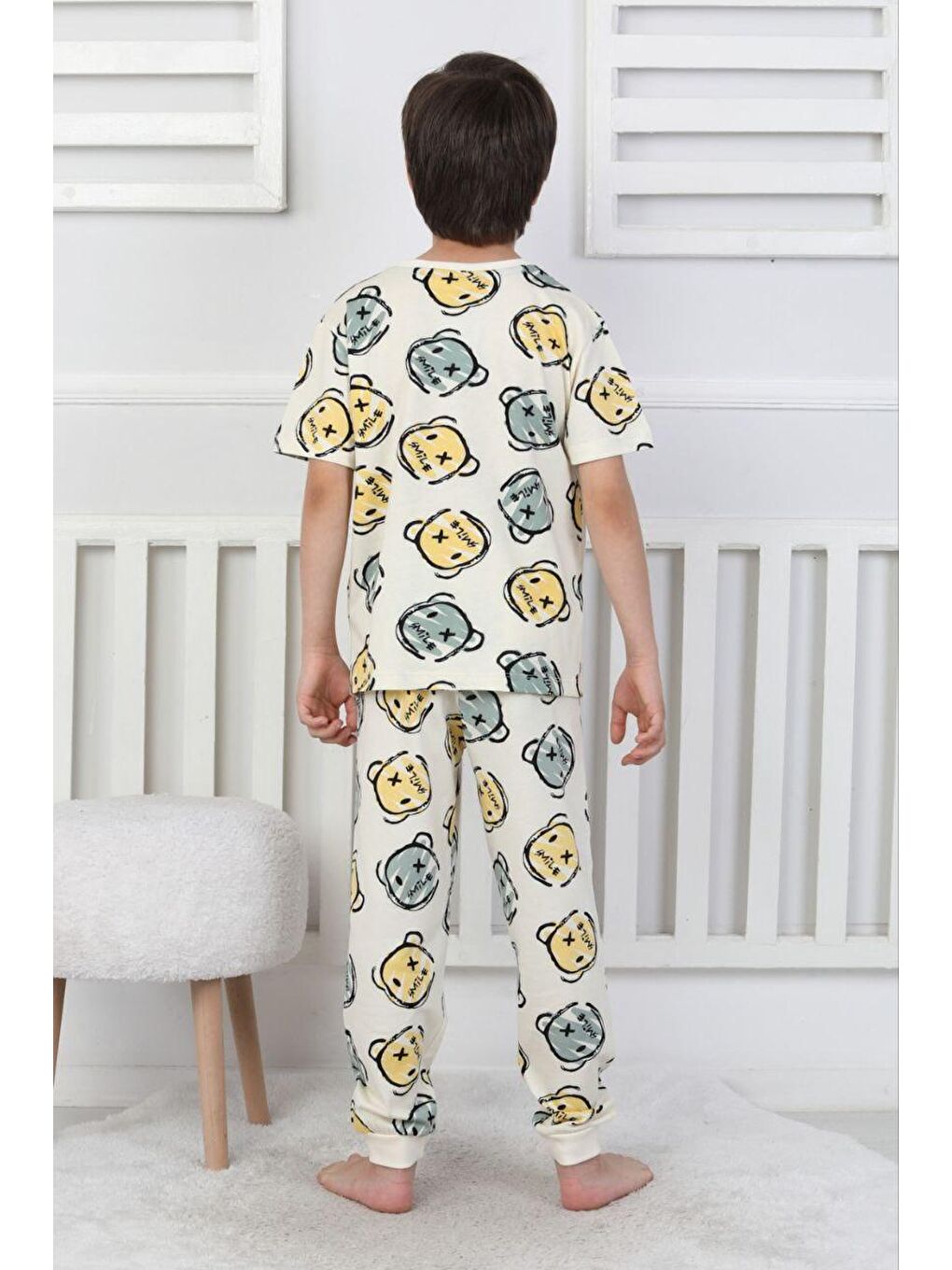 Ekru Çizgi Ayı Desenli Erkek Çocuk Pijama Takımı-1