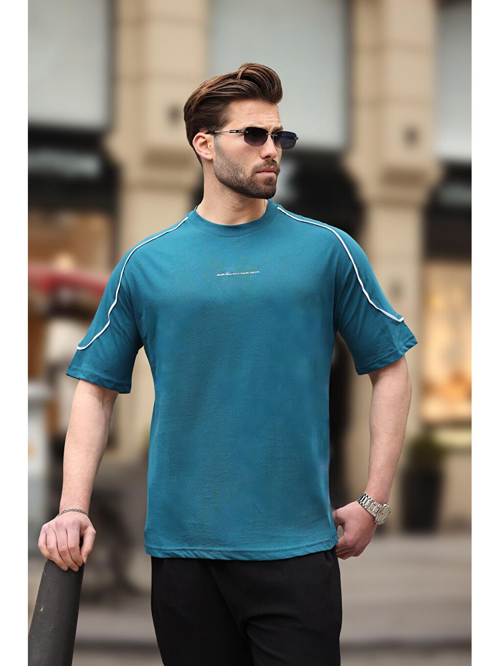Petrol Mavisi Baskılı Basic Erkek %100 Pamuk Tişört E7150-1