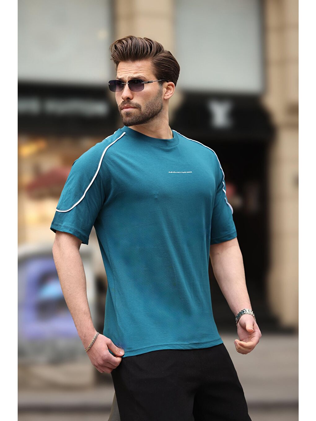 Petrol Mavisi Baskılı Basic Erkek %100 Pamuk Tişört E7150-2