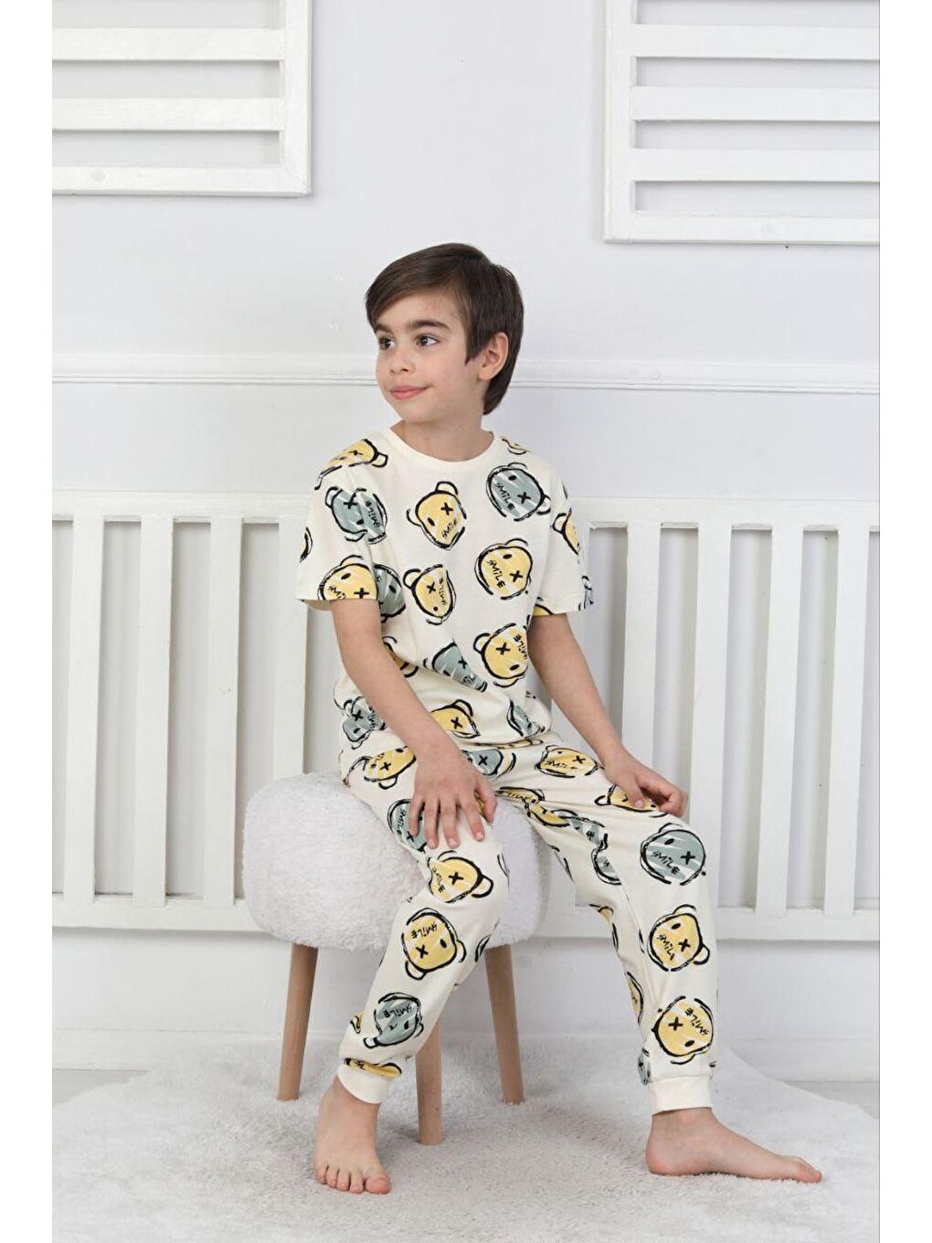 Ekru Çizgi Ayı Desenli Erkek Çocuk Pijama Takımı-2