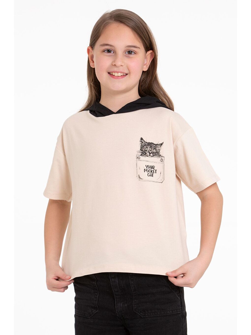 Bej Kapüşonlu Kısa Kol Baskılı Vizon Renk Kız Çocuk Tshirt