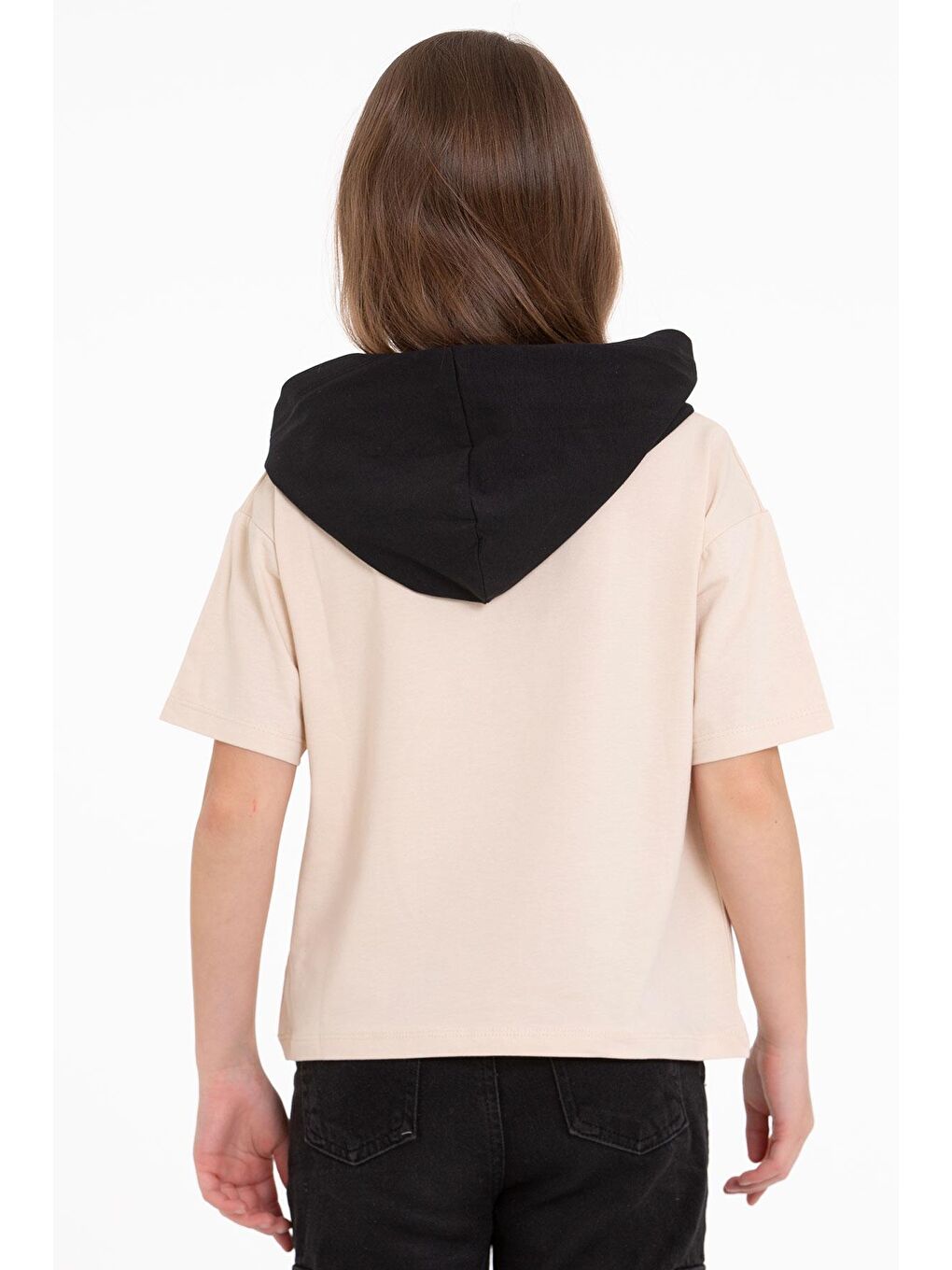 Bej Kapüşonlu Kısa Kol Baskılı Vizon Renk Kız Çocuk Tshirt-1