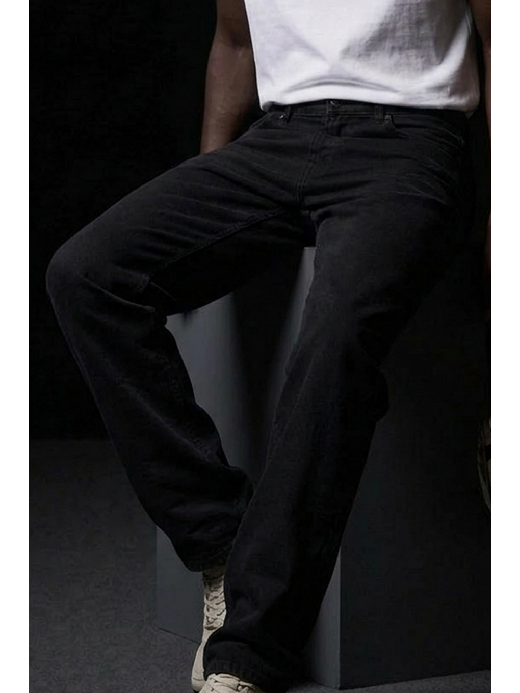 Erkek Pamuklu Casual Siyah Bol Jean Pantolon-5