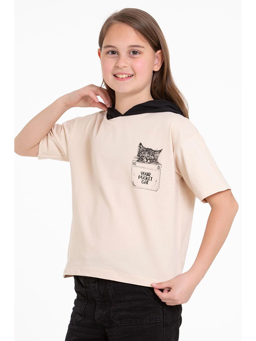 Bej Kapüşonlu Kısa Kol Baskılı Vizon Renk Kız Çocuk Tshirt-2