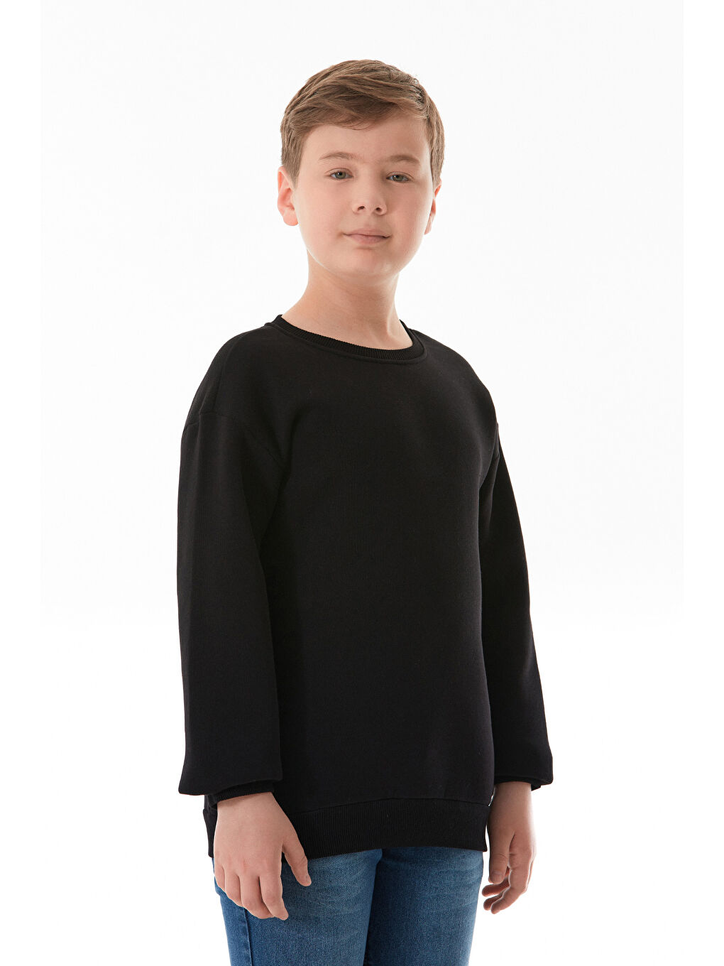 Siyah Sırtı Baskılı Bisiklet Yaka Erkek Çocuk Sweatshirt-1