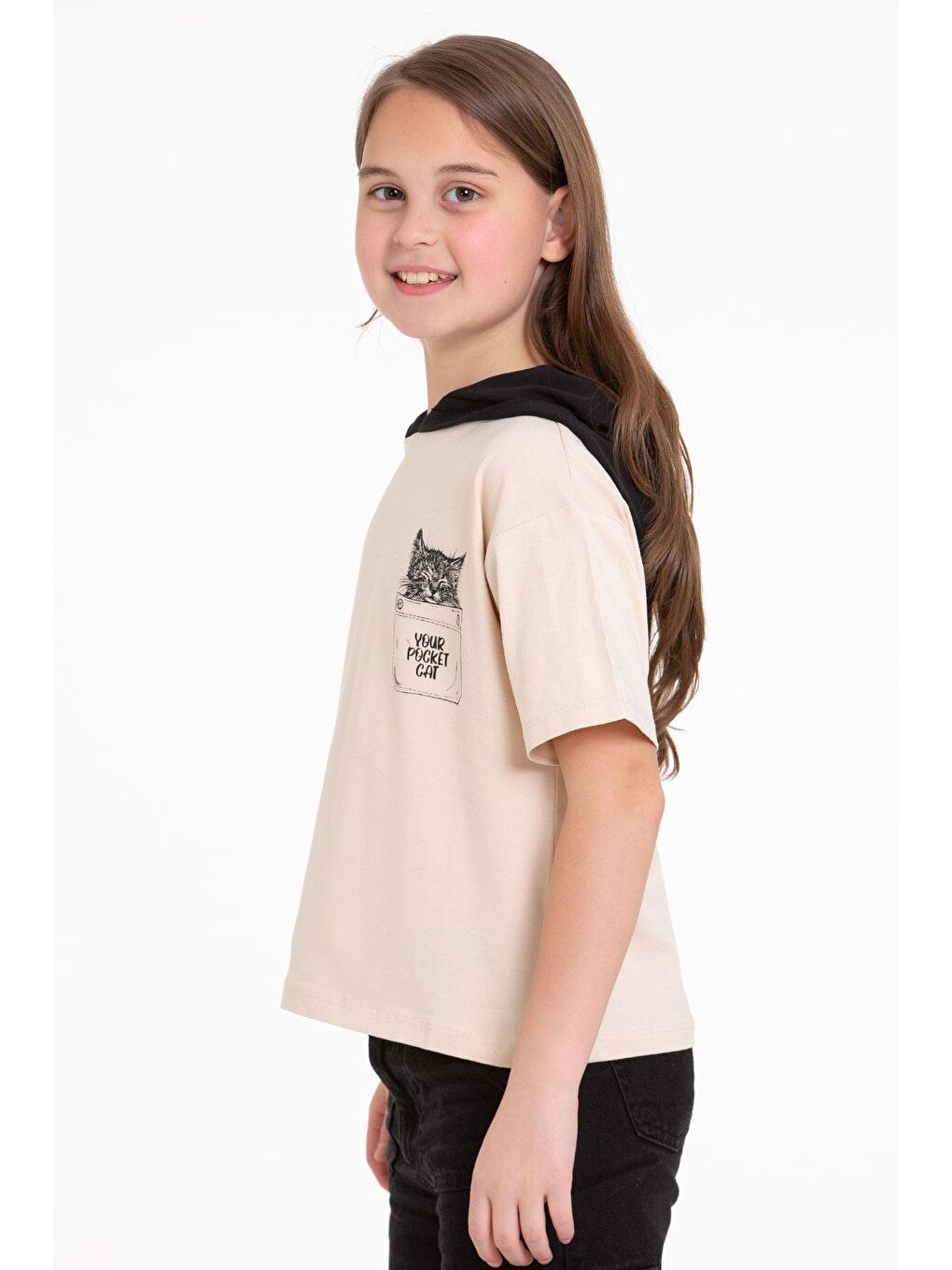 Bej Kapüşonlu Kısa Kol Baskılı Vizon Renk Kız Çocuk Tshirt-4