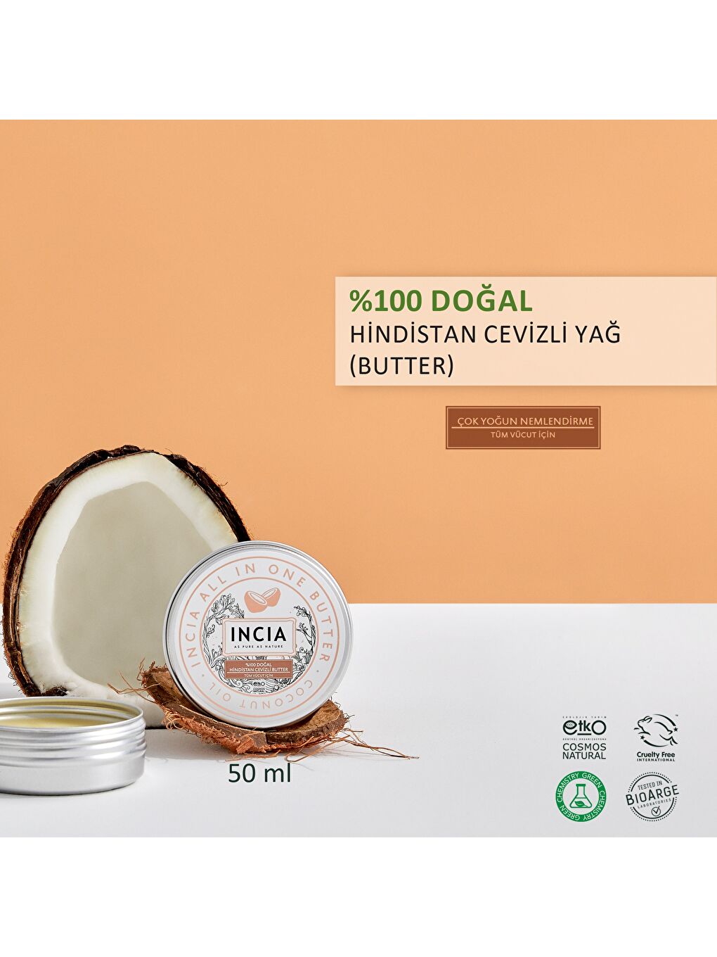 %100 Doğal Tüm Vücut İçin Butter Yoğun Nemlendirici Krem Hindistan Cevizli Organik Vegan 50 ml-1