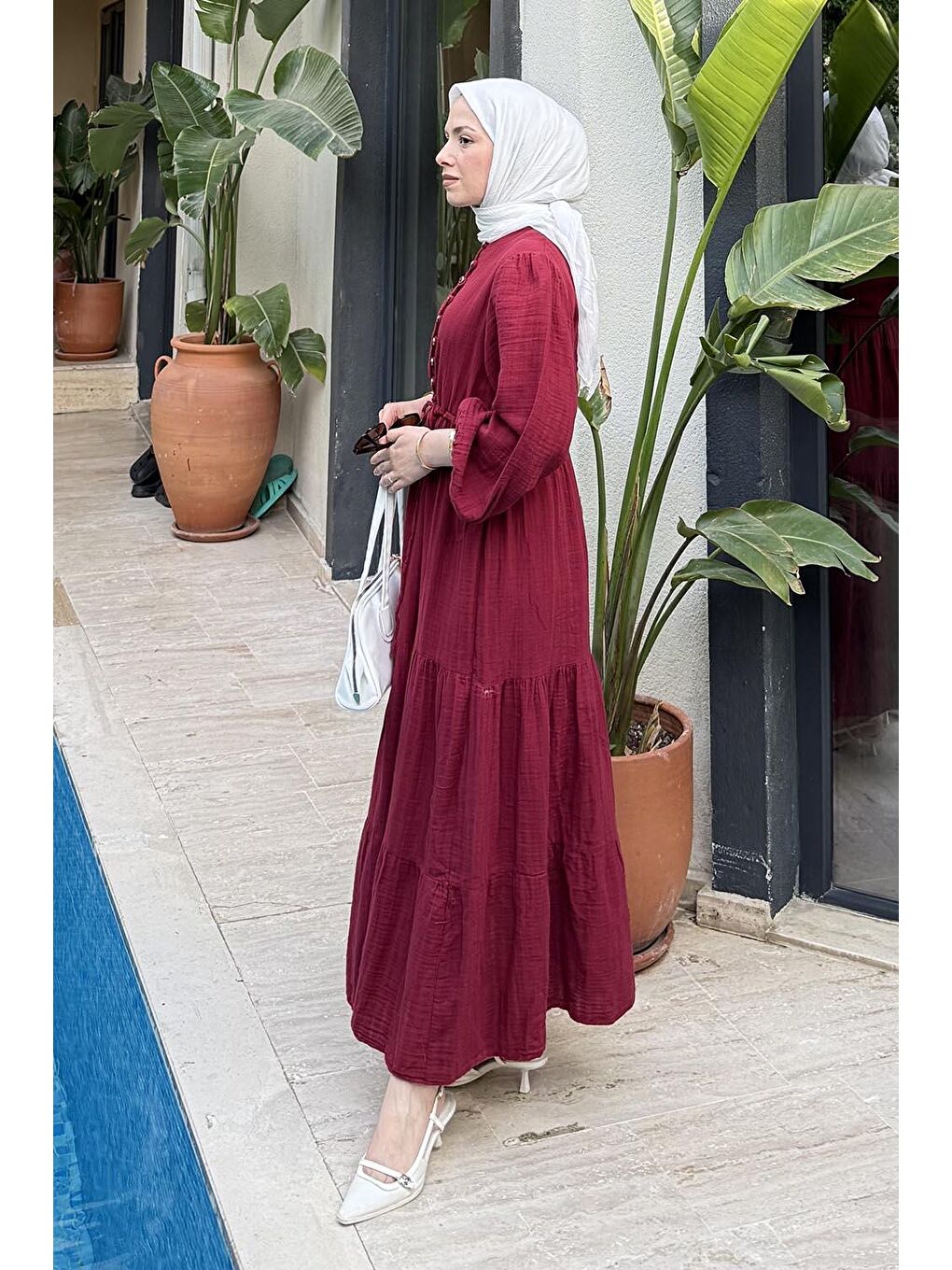 Bel Büzgülü Tesettür Elbise Bordo-1