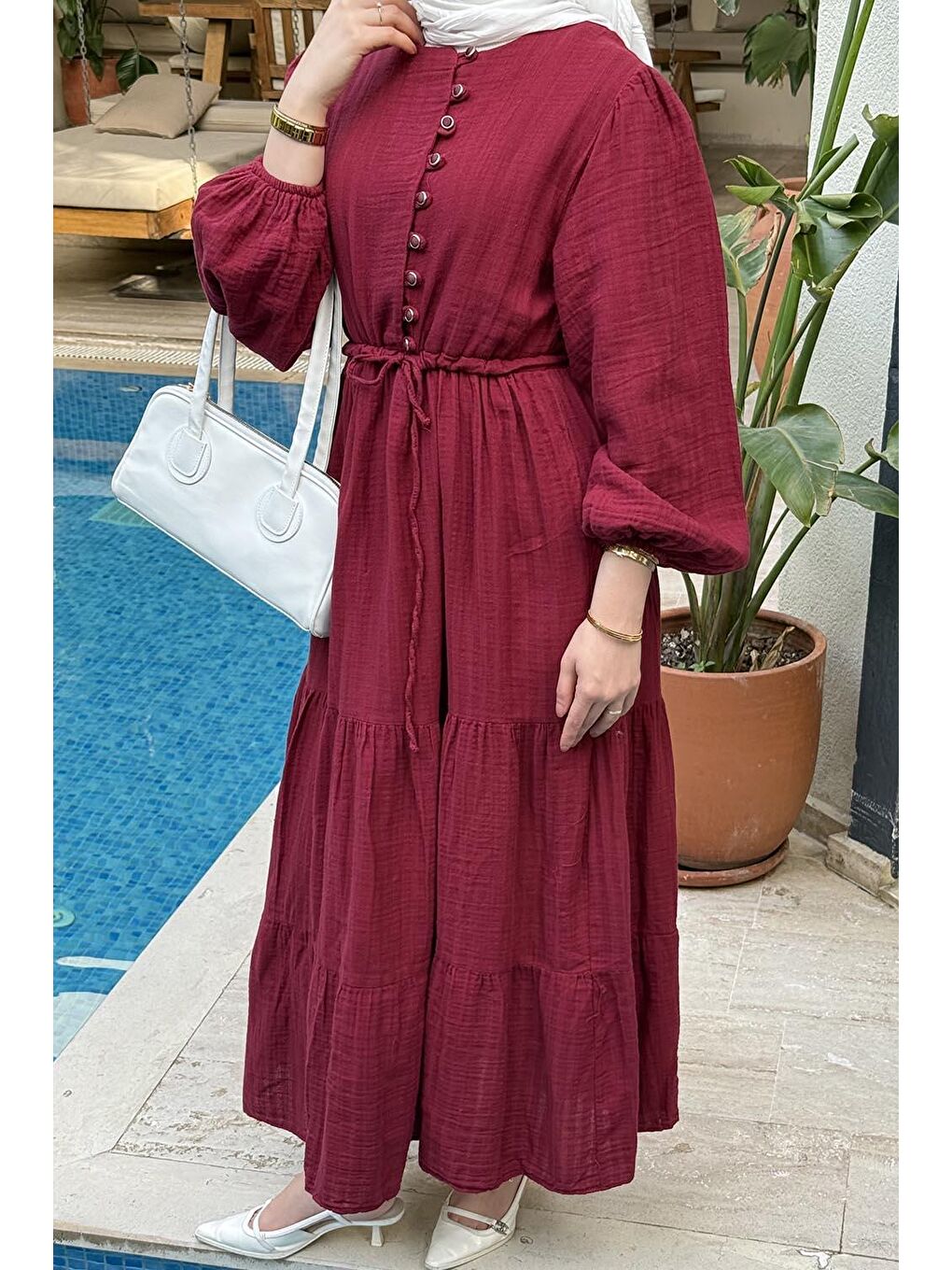 Bel Büzgülü Tesettür Elbise Bordo-2