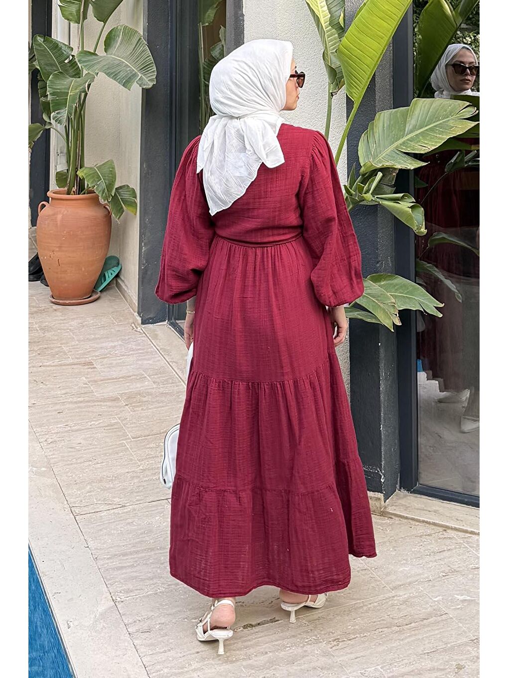 Bel Büzgülü Tesettür Elbise Bordo-3