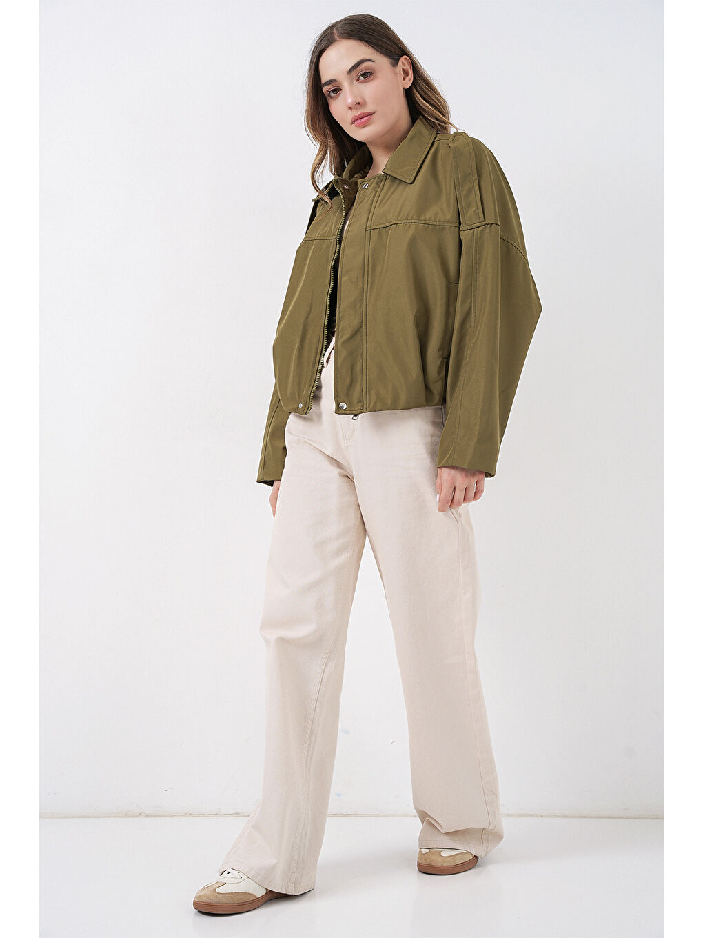 Kadın Oversize Kısa Ceket 0732 - Haki-1