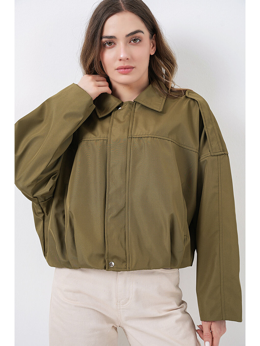 Kadın Oversize Kısa Ceket 0732 - Haki-2