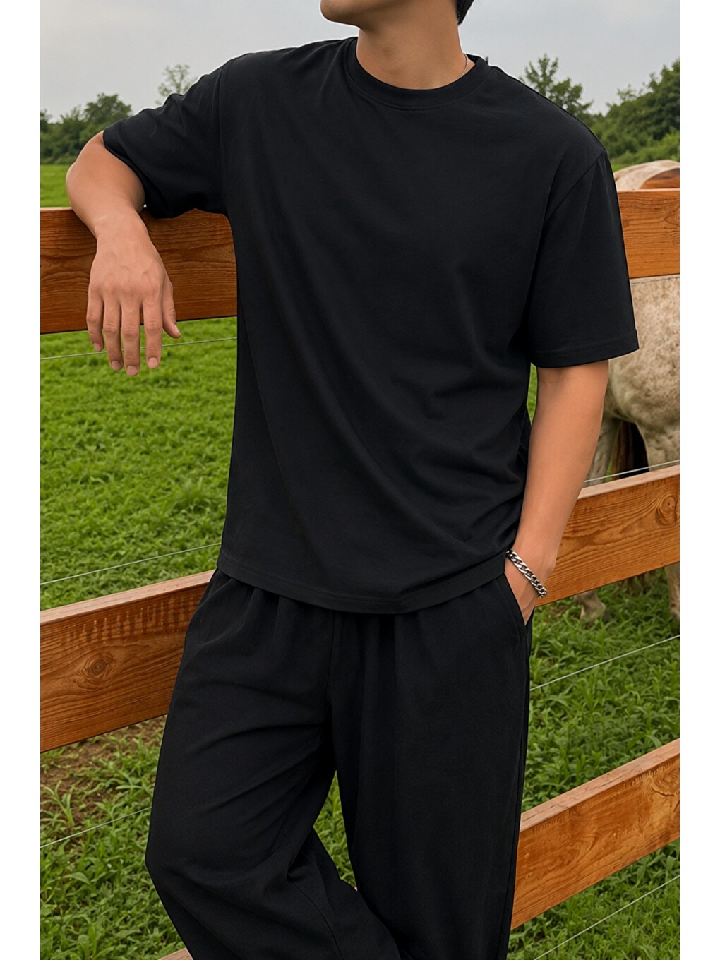 Siyah Erkek Regular Fit Bisiklet Yaka Basic Tişört 2 İplik Şardonsuz %100 Pamuk Günlük Rahat T-Shirt-1