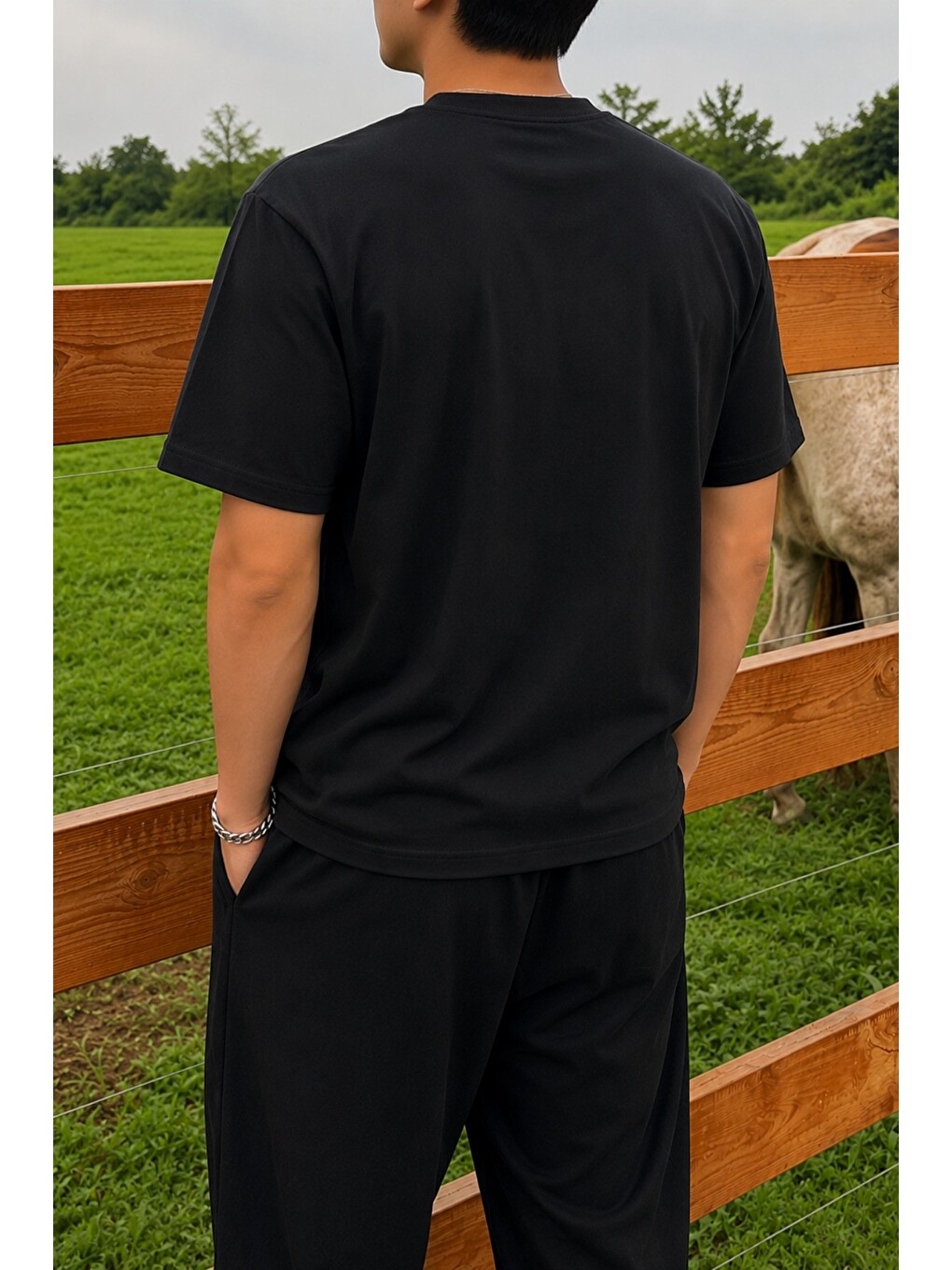 Siyah Erkek Regular Fit Bisiklet Yaka Basic Tişört 2 İplik Şardonsuz %100 Pamuk Günlük Rahat T-Shirt-2