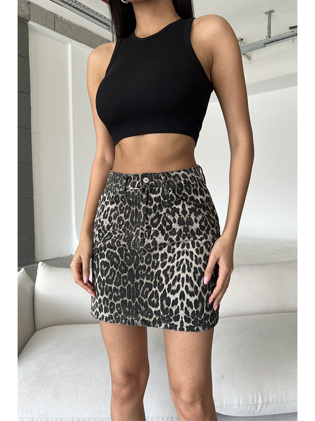 Siyah %100 Pamuk Sezon trendi leopar desen gabardin Kadın Mini Etek @Bologna-2