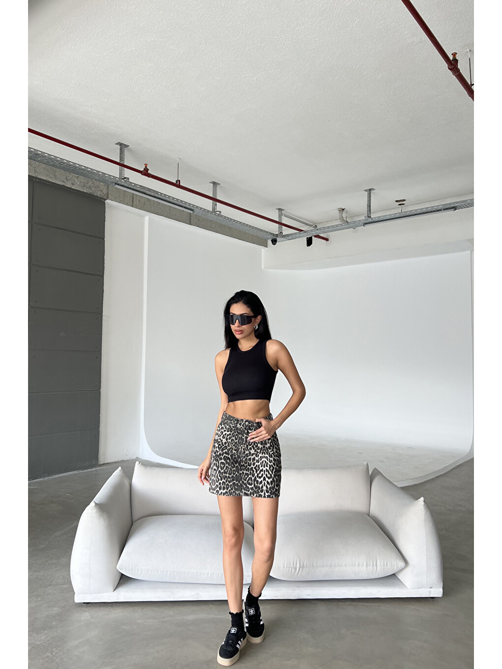 Siyah %100 Pamuk Sezon trendi leopar desen gabardin Kadın Mini Etek @Bologna-5