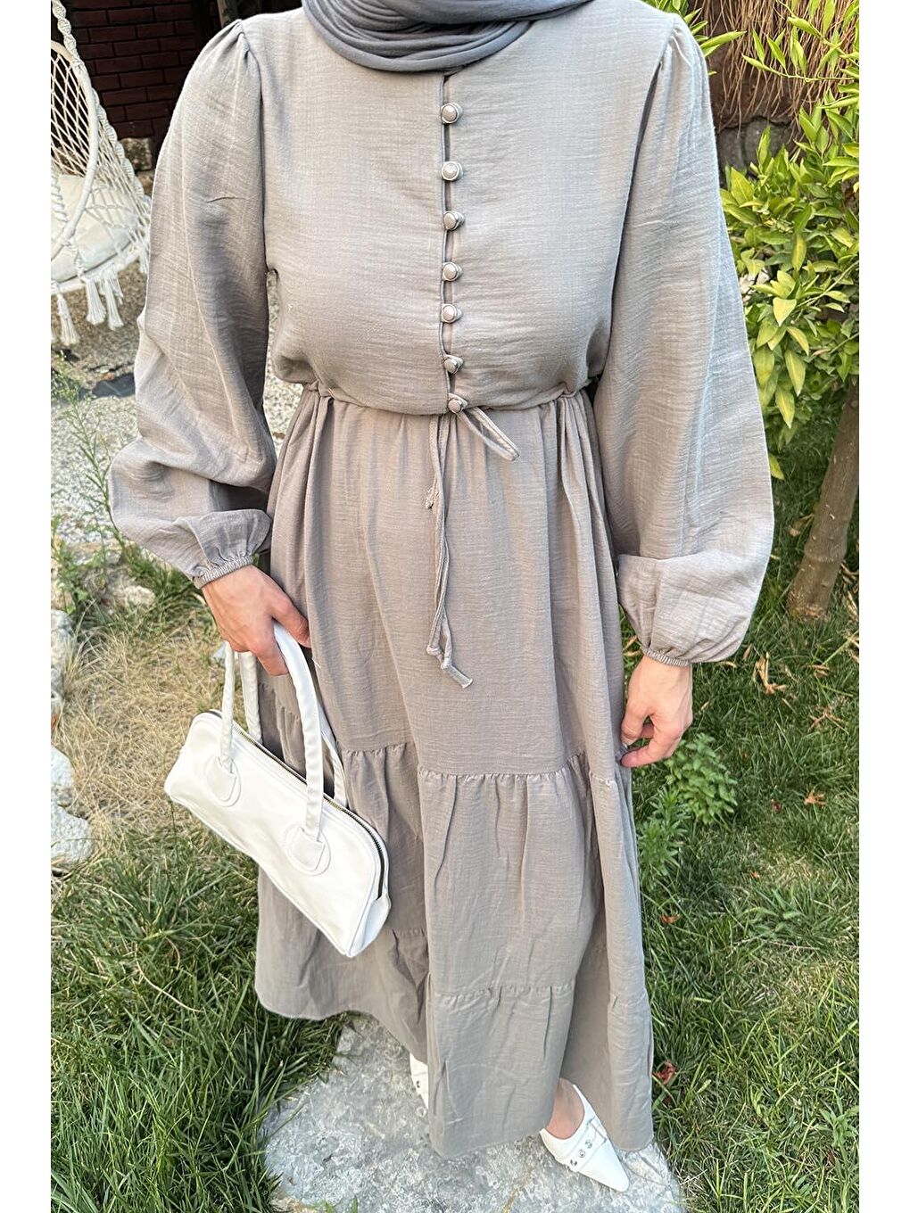 Bel Büzgülü Tesettür Elbise Gri-2