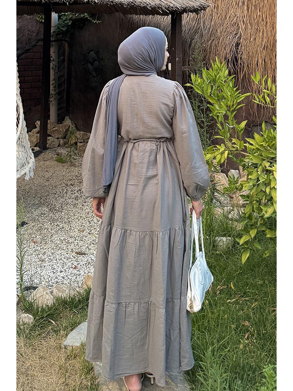 Bel Büzgülü Tesettür Elbise Gri-3