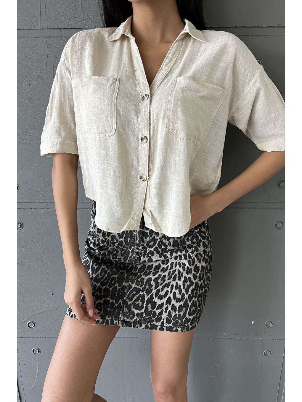Siyah %100 Pamuk Sezon trendi leopar desen gabardin Kadın Mini Etek @Bologna-7