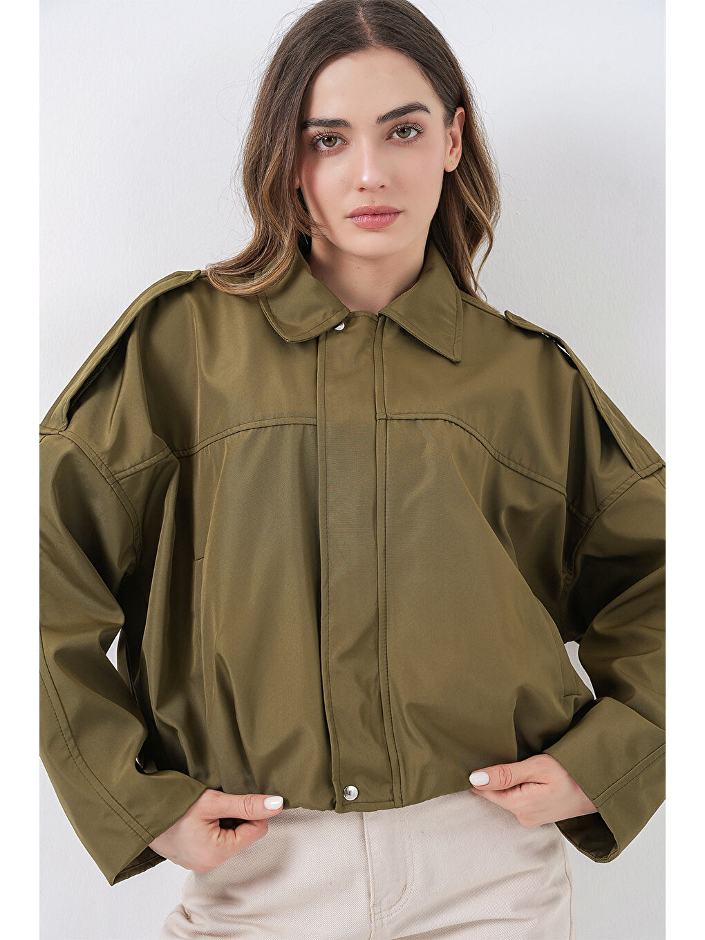 Kadın Oversize Kısa Ceket 0732 - Haki-4