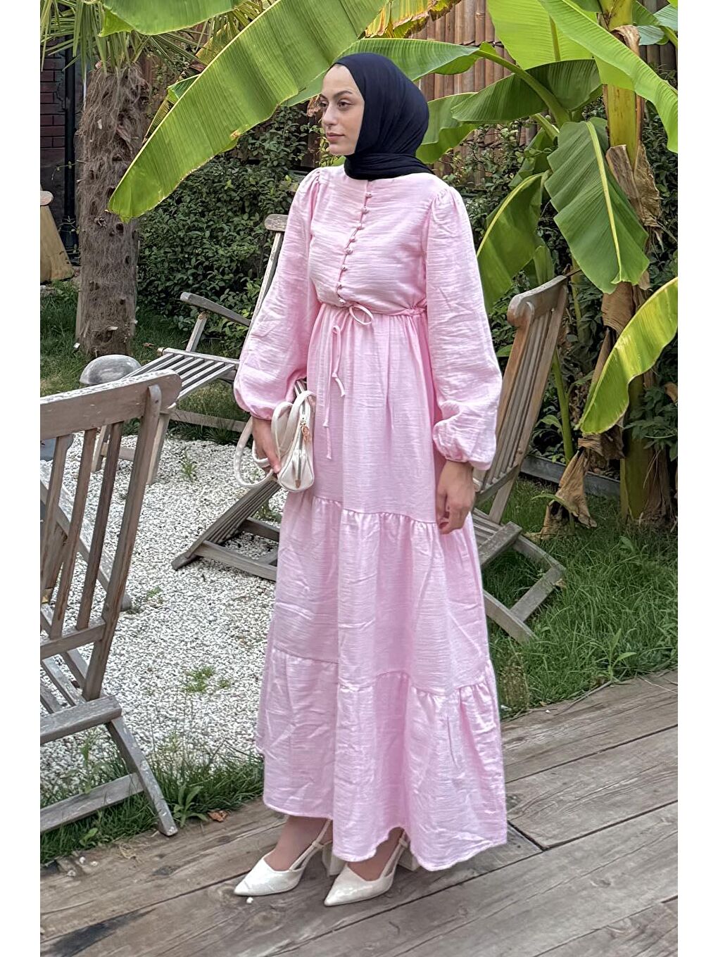 Bel Büzgülü Tesettür Elbise Pembe-1