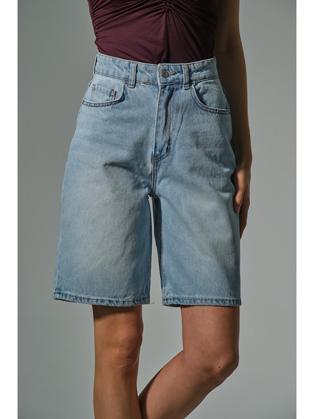 Mavi %100 Pamuk yüksek Bel Gabardin None Denim 5 Cep Kadın Bermuda Şort @Udine-1