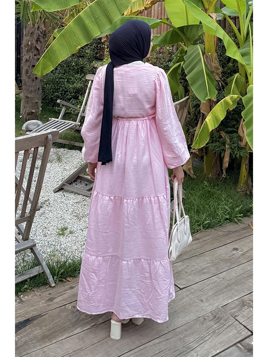 Bel Büzgülü Tesettür Elbise Pembe-3