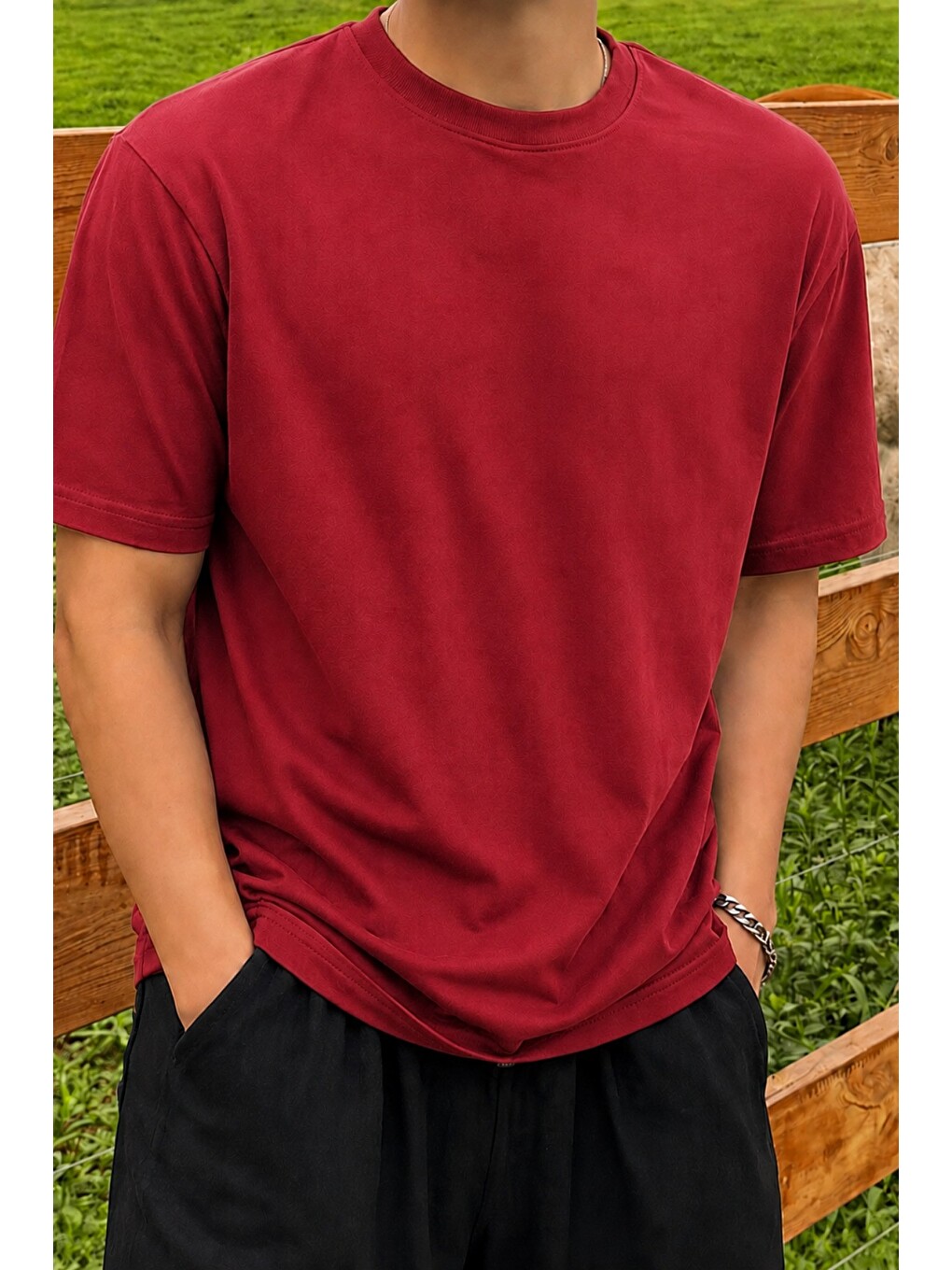 Kırmızı Erkek Regular Fit Bisiklet Yaka Basic Tişört 2 İplik Şardonsuz %100 Pamuk Günlük Rahat T-Shirt