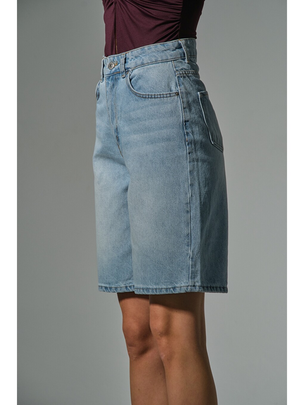 Mavi %100 Pamuk yüksek Bel Gabardin None Denim 5 Cep Kadın Bermuda Şort @Udine-2