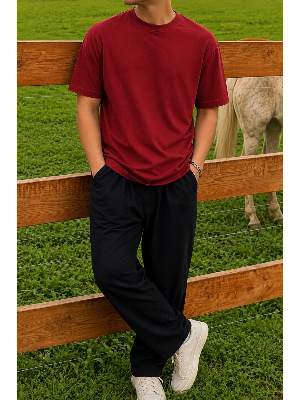 Kırmızı Erkek Regular Fit Bisiklet Yaka Basic Tişört 2 İplik Şardonsuz %100 Pamuk Günlük Rahat T-Shirt-1