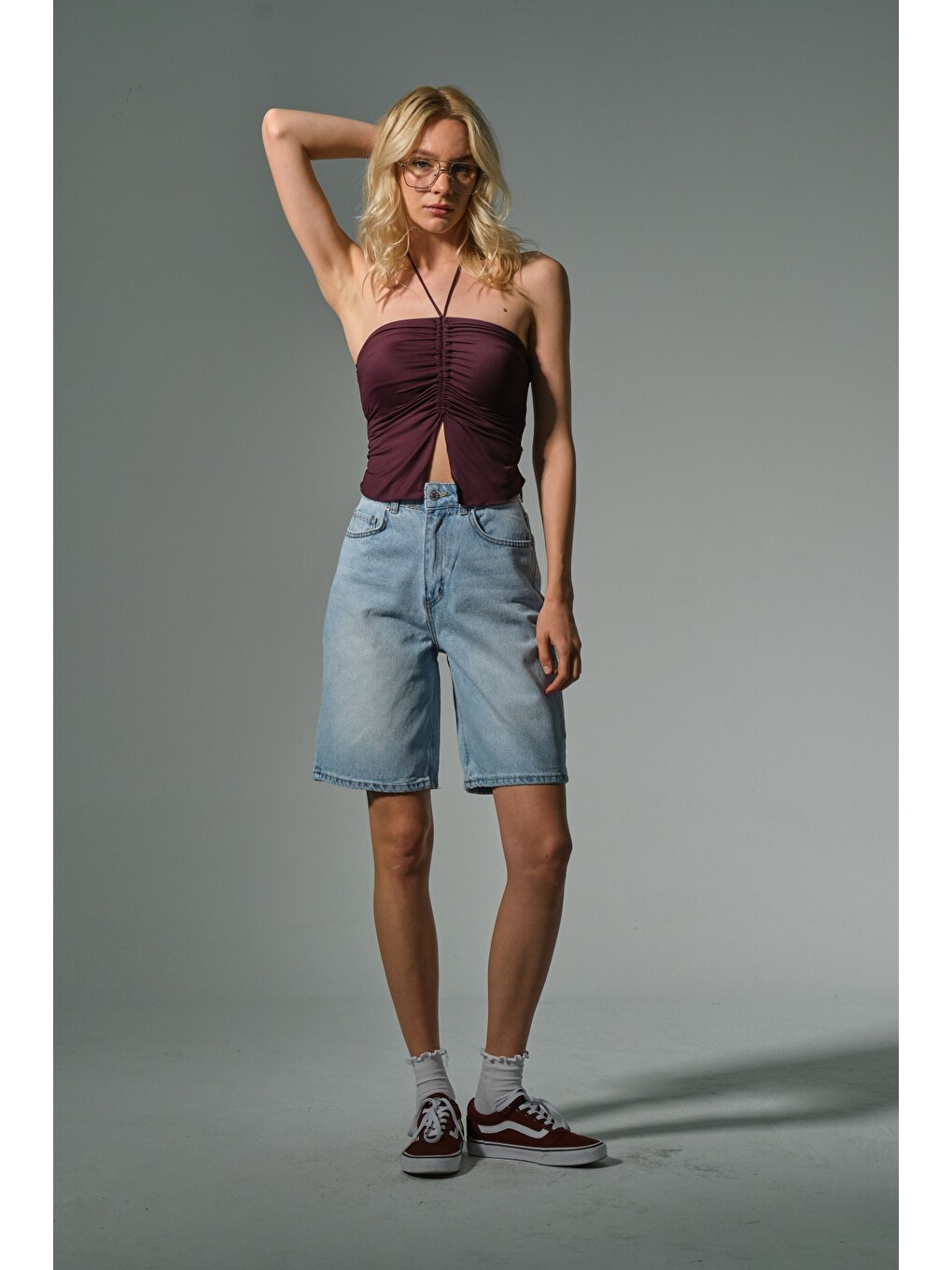 Mavi %100 Pamuk yüksek Bel Gabardin None Denim 5 Cep Kadın Bermuda Şort @Udine-3
