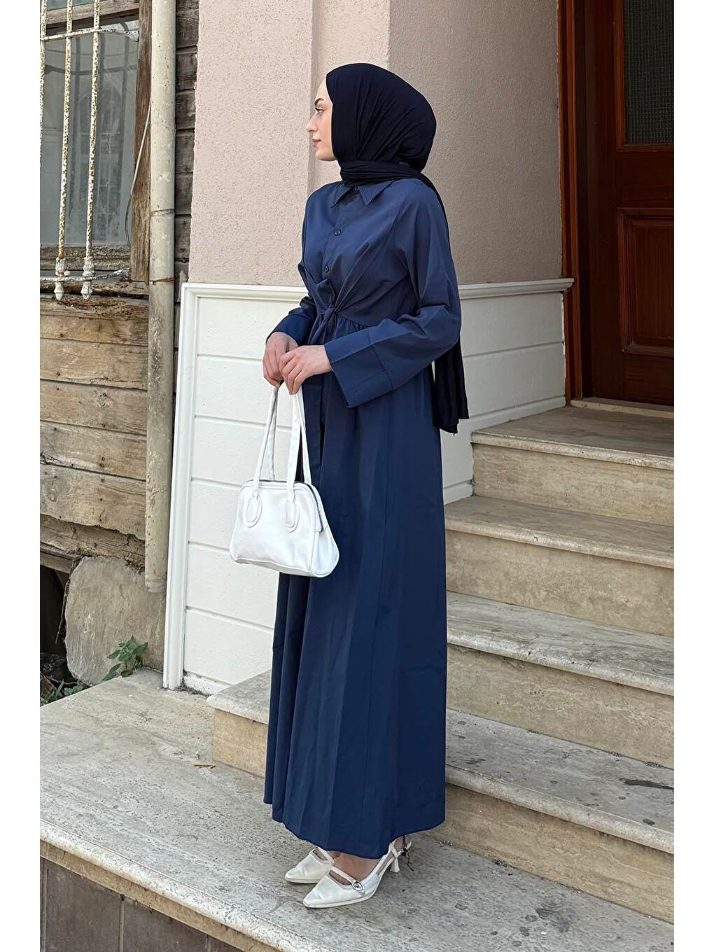 Ön Bağlama Detaylı Tesettür Elbise Lacivert-2