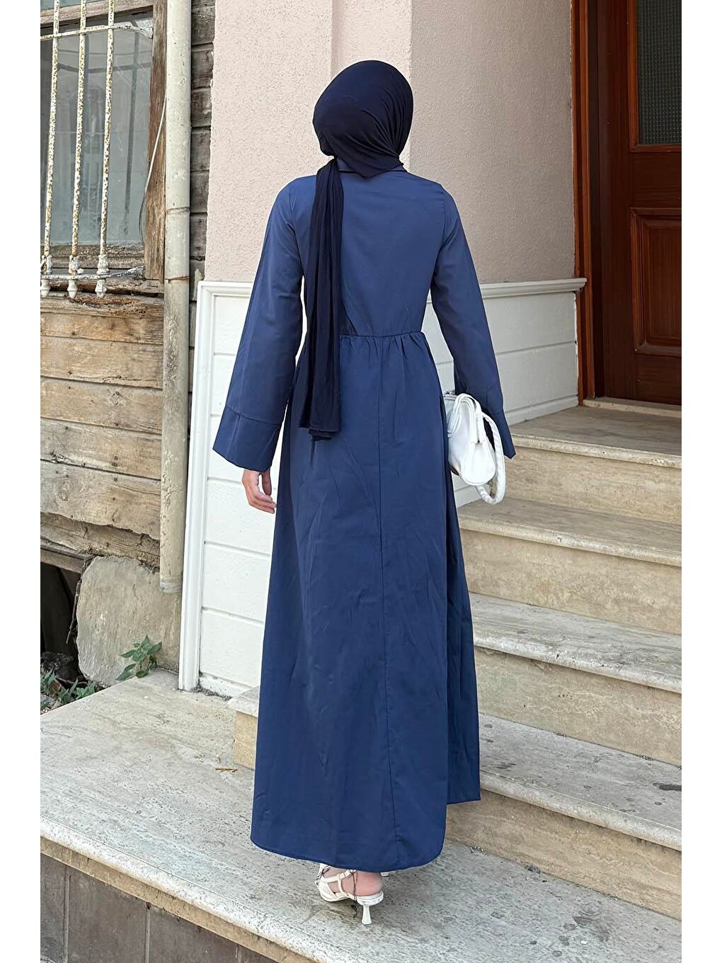 Ön Bağlama Detaylı Tesettür Elbise Lacivert-3