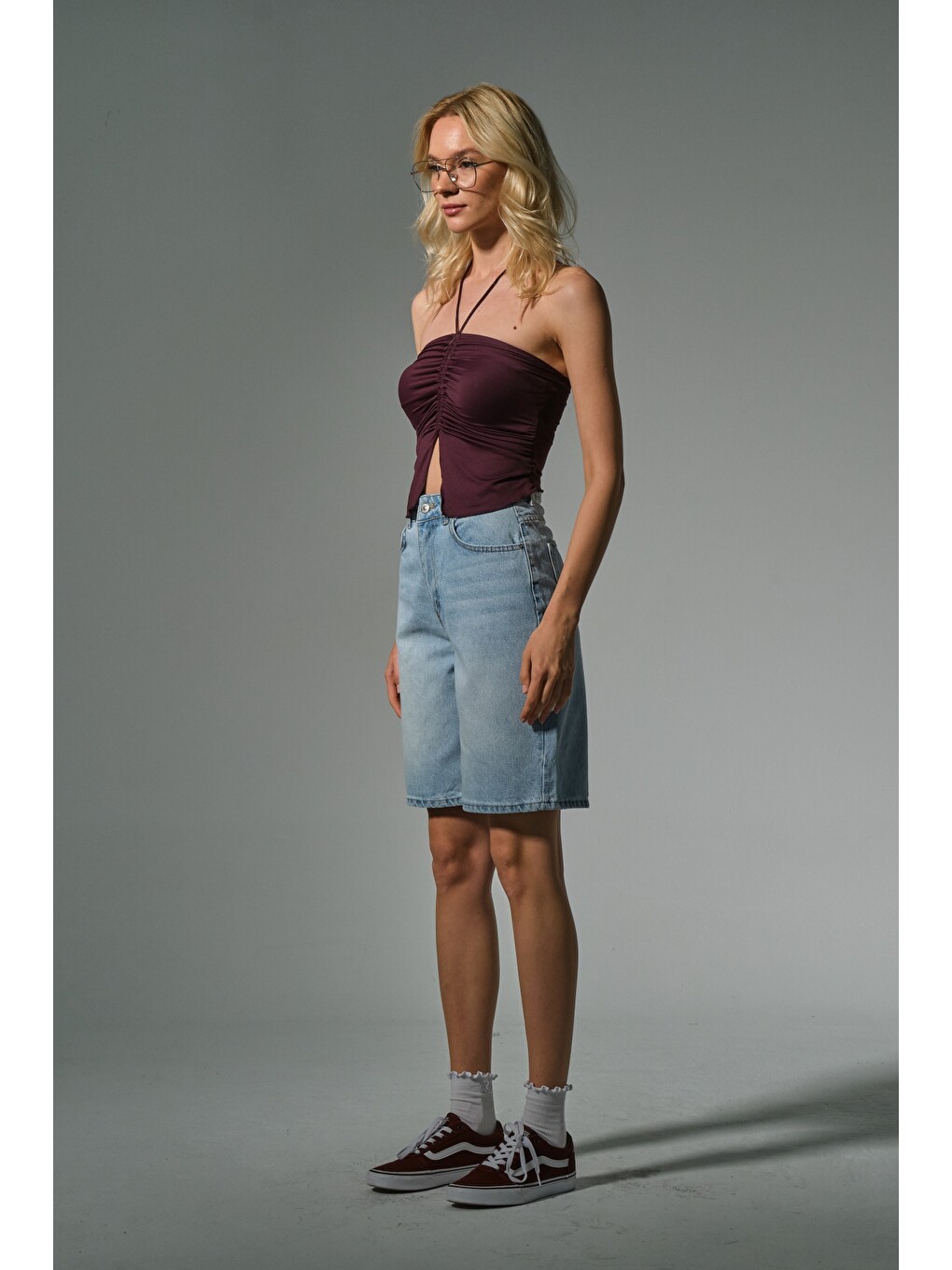 Mavi %100 Pamuk yüksek Bel Gabardin None Denim 5 Cep Kadın Bermuda Şort @Udine-6