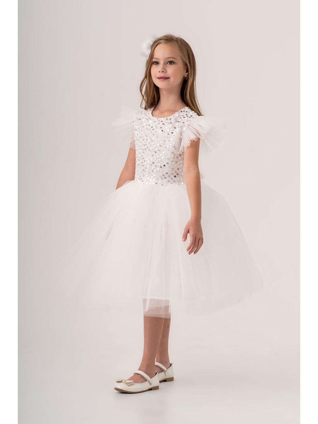 Beyaz Tüllü Kız Çocuk KPL Elbise MNK0526-1