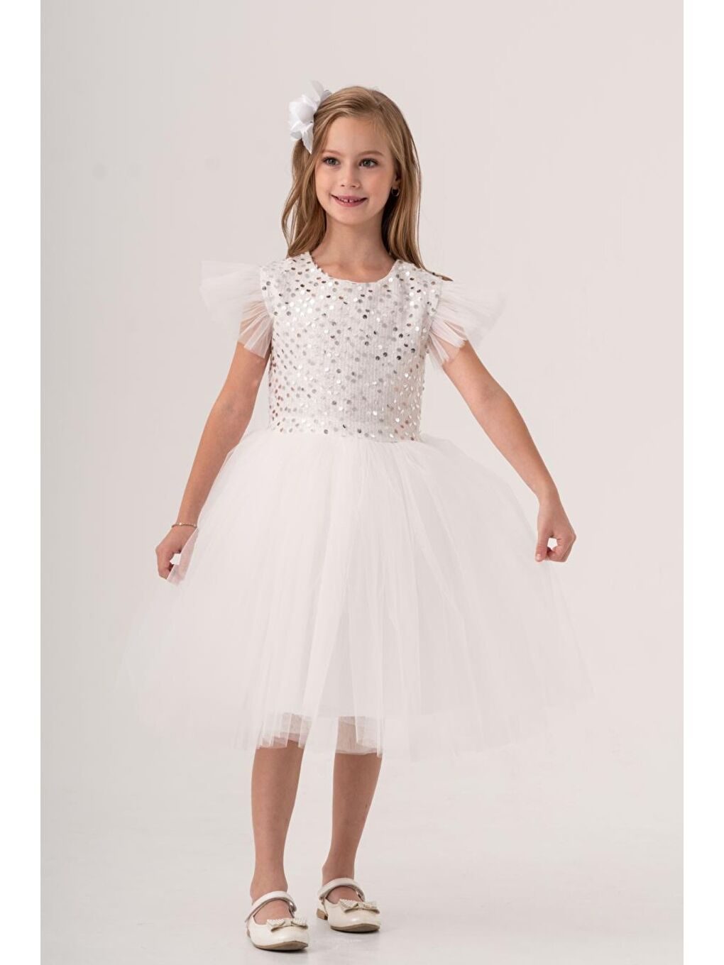 Beyaz Tüllü Kız Çocuk KPL Elbise MNK0526-2