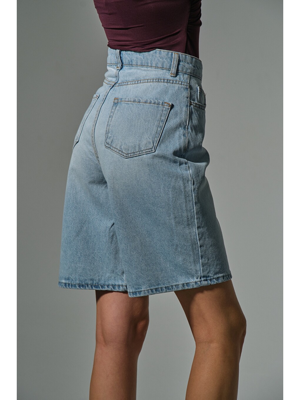 Mavi %100 Pamuk yüksek Bel Gabardin None Denim 5 Cep Kadın Bermuda Şort @Udine-7
